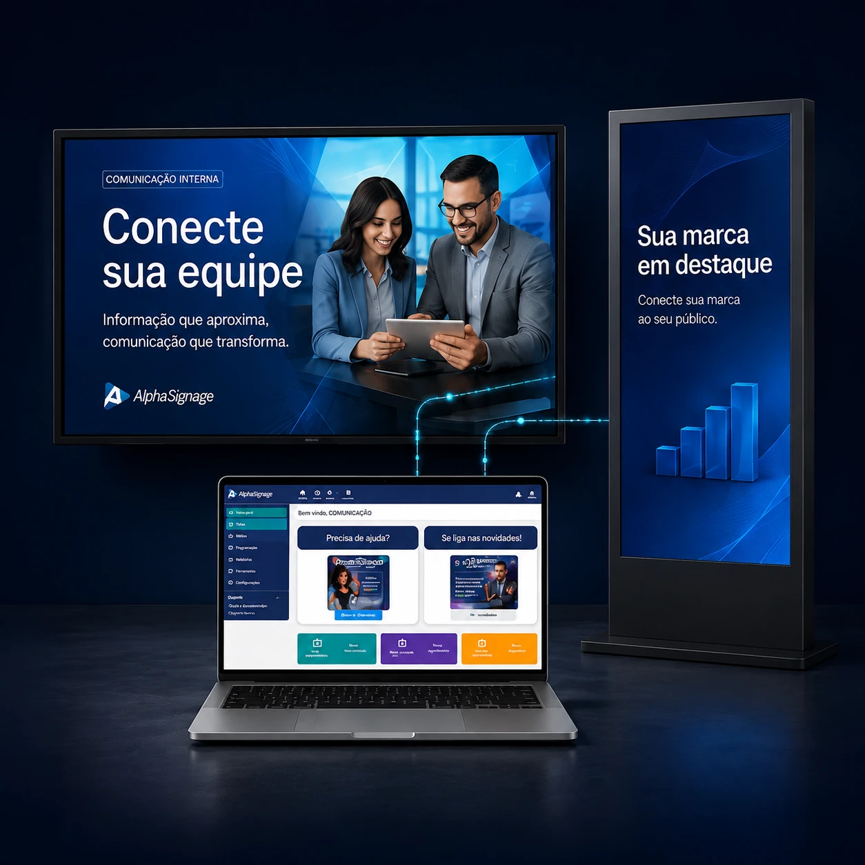 Ilustração de TV corporativa, totem e notebook com o gerenciador AlphaSignage