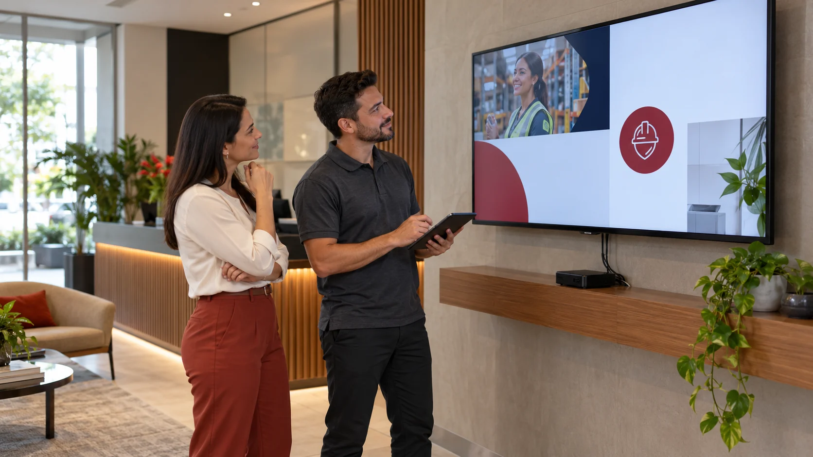 Ilustração de técnico e profissional conferindo uma TV corporativa com player instalado em uma recepção