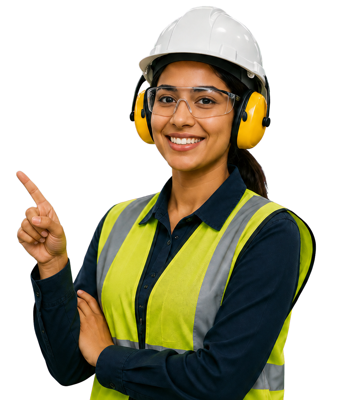 Profissional da indústria usando capacete, óculos e proteção auditiva