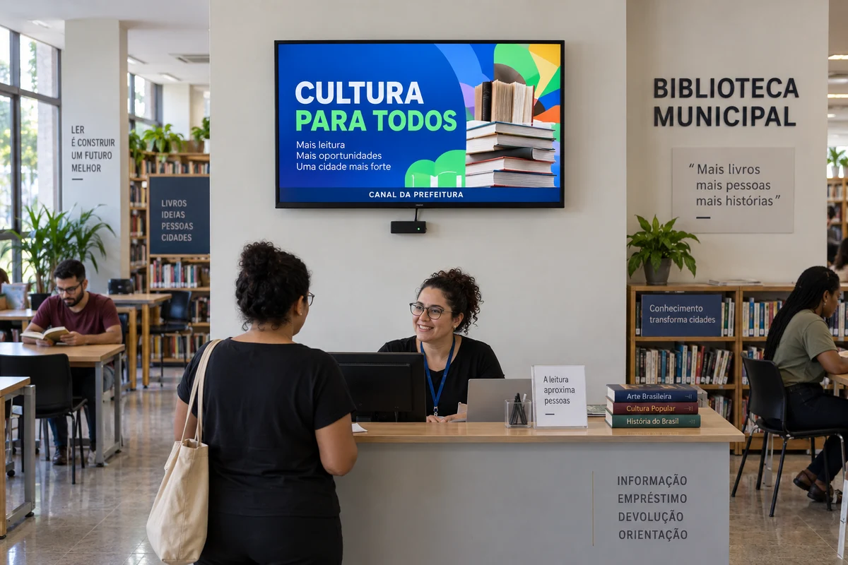Simulação de biblioteca municipal com TV e player na área de entrada, divulgando programação cultural.