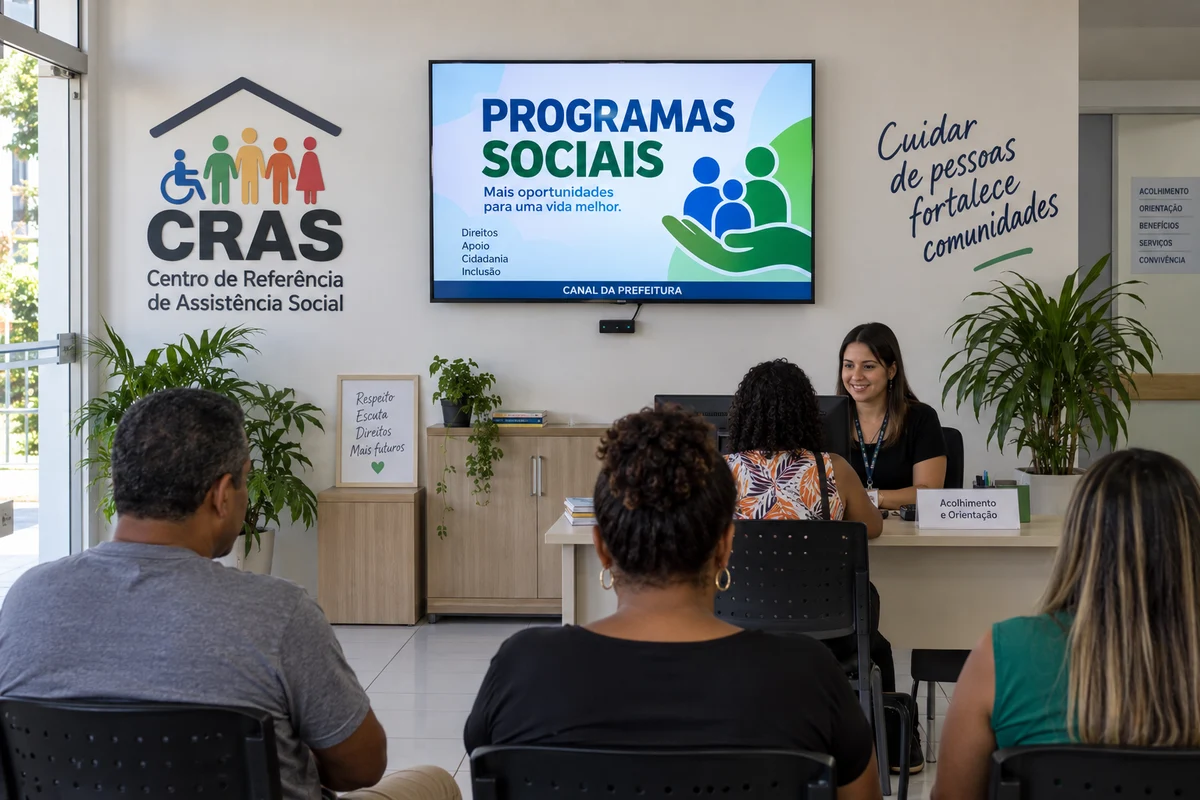 Simulação de CRAS com televisão e player exibindo programas sociais da prefeitura.