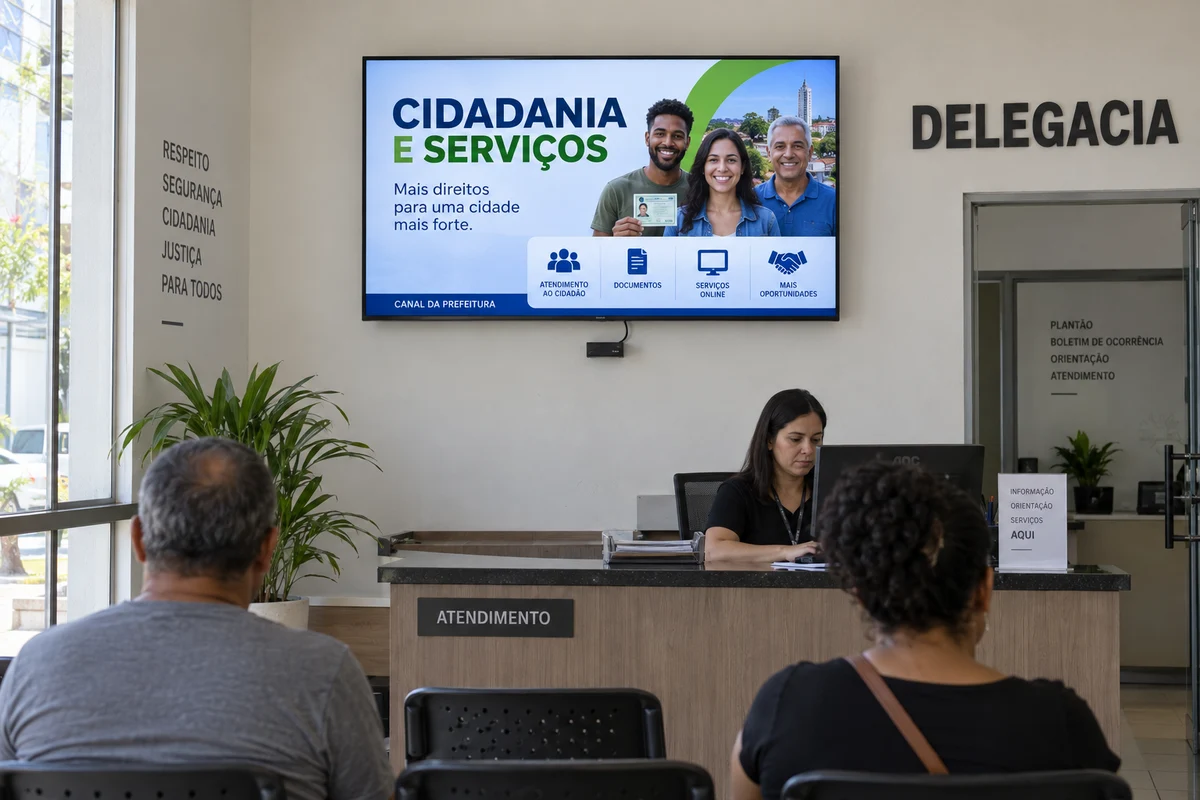 Simulação de recepção de delegacia com TV e player exibindo cidadania e serviços, mediante autorização do órgão responsável.