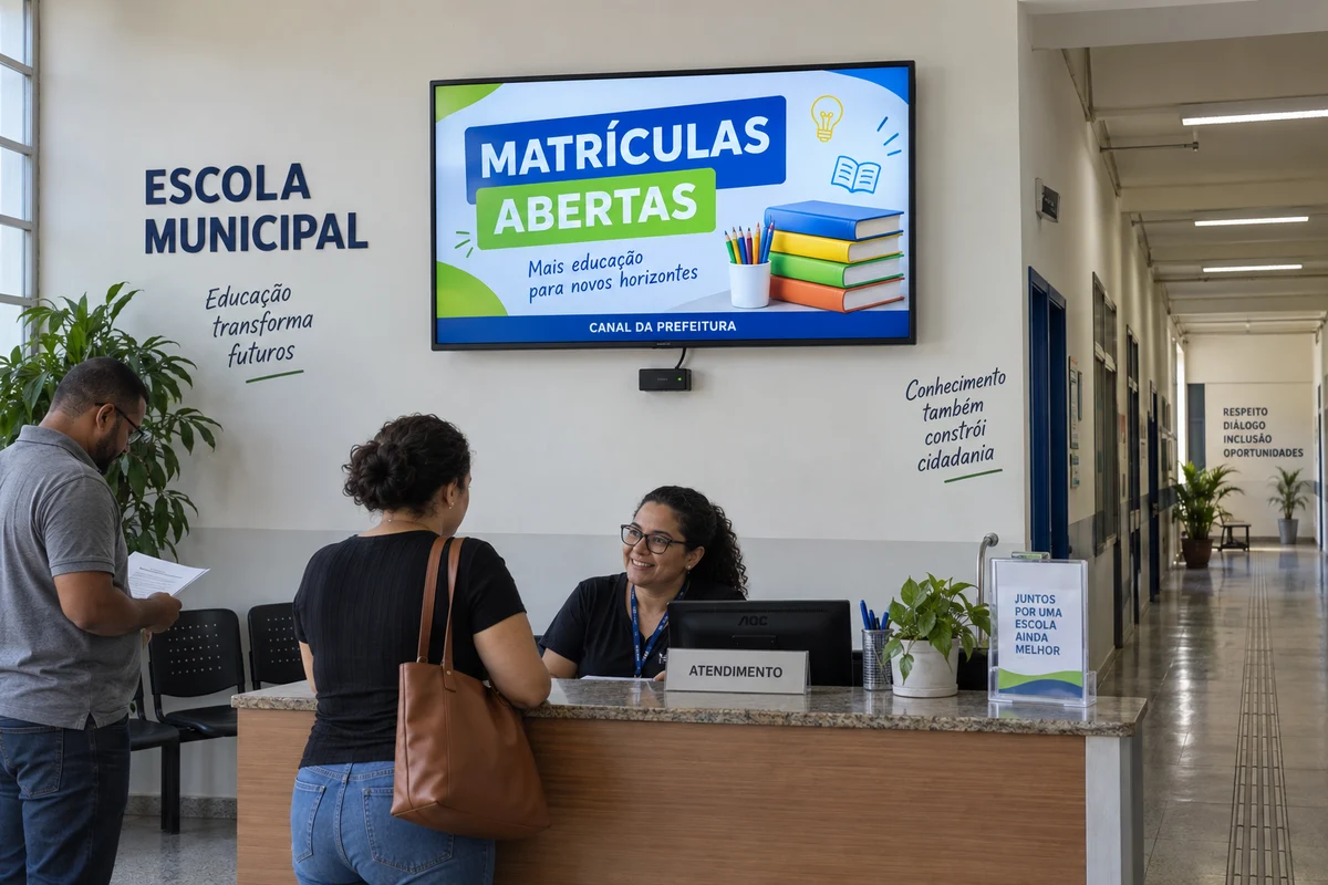 Simulação de escola municipal com TV e player exibindo anúncio de matrículas.