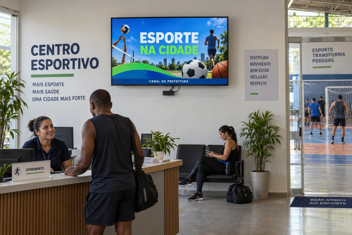 Simulação de centro esportivo municipal com TV e player anunciando atividades esportivas.
