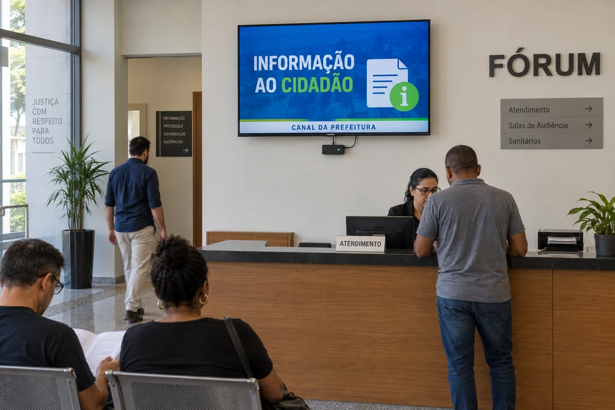 Simulação de hall de fórum com TV e player exibindo informação ao cidadão, mediante parceria com o órgão responsável.