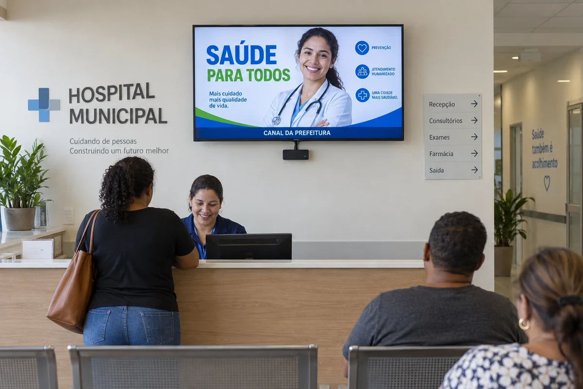 Simulação de hospital municipal com televisão exibindo Saúde para todos e um player instalado abaixo da tela.