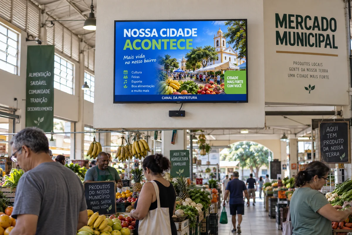 Simulação de mercado municipal com TV e player apresentando anúncios de interesse público.