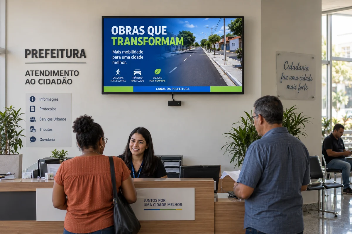 Simulação da sede da prefeitura com televisão anunciando obras e player visível abaixo da tela.