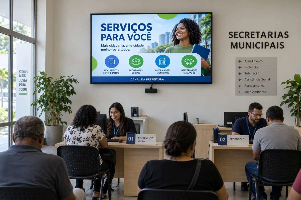 Simulação de secretaria municipal com TV e player exibindo serviços públicos.