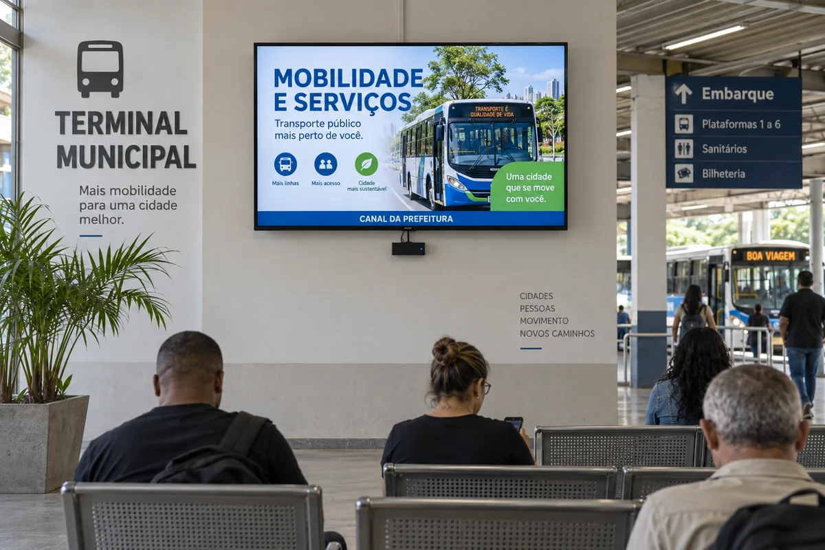 Simulação de área coberta de terminal urbano com TV e player exibindo informações de mobilidade e serviços.