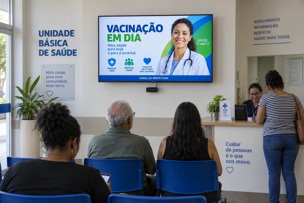 Simulação de posto de saúde com TV e player exibindo campanha de vacinação da prefeitura.