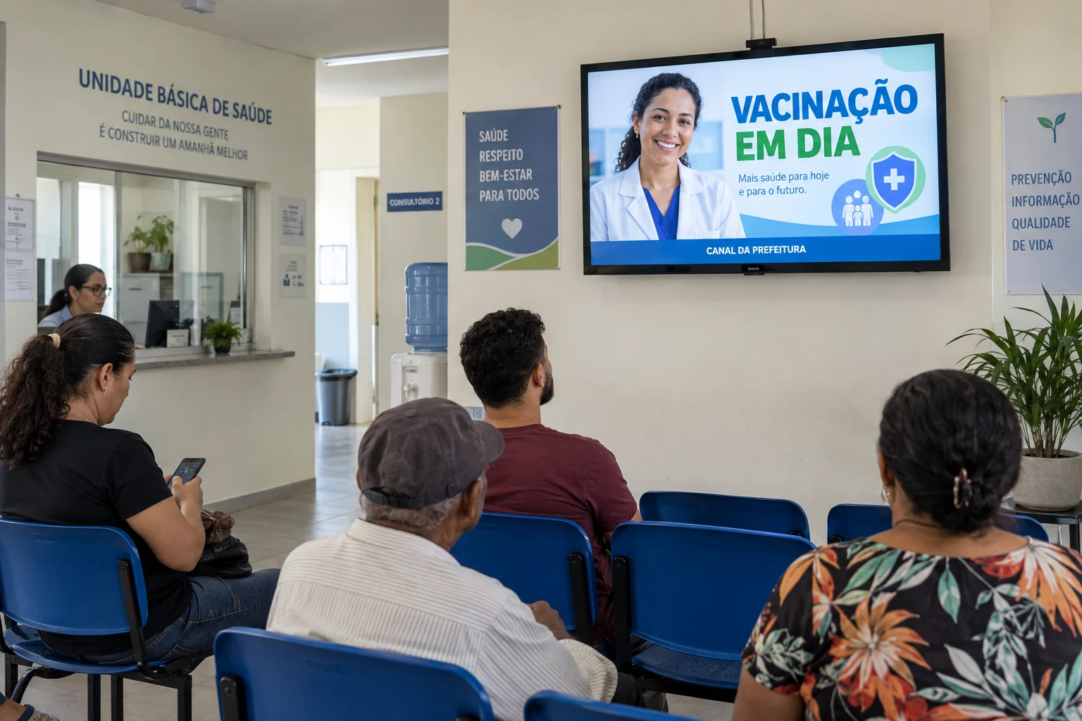 Simulação de uma TV na sala de espera de uma unidade de saúde, com campanha de vacinação.