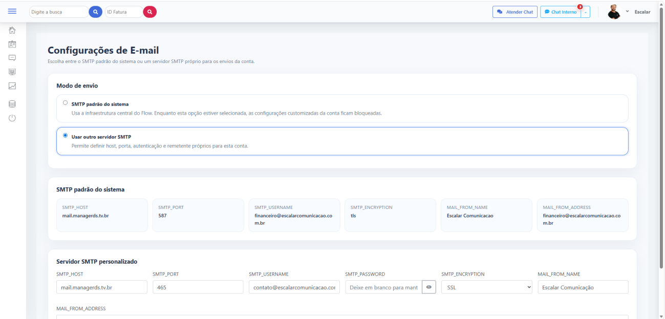 Configurações de e-mail